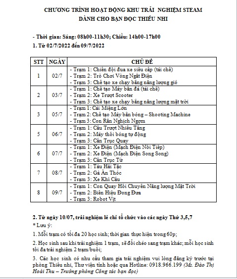 THÔNG BÁO: CHƯƠNG TRÌNH HOẠT ĐỘNG KHU TRẢI NGHIỆM STEAM DÀNH CHO BẠN ĐỌC THIẾU NHI