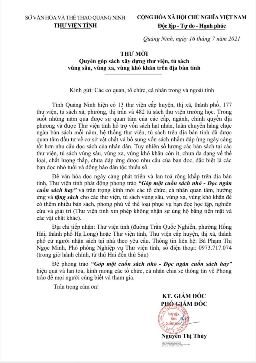 THƯ MỜI: Quyên góp sách xây dựng thư viện, tủ sách vùng sâu, vùng xa, vùng khó khăn trên địa bàn tỉnh