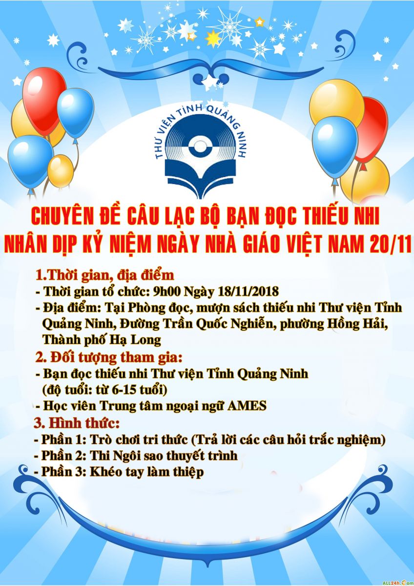 Thông báo tổ chức hoạt động chuyên đề Câu lạc bộ bạn đọc thiếu nhi nhân dịp kỷ niệm Ngày Nhà giáo Việt Nam 20/11
