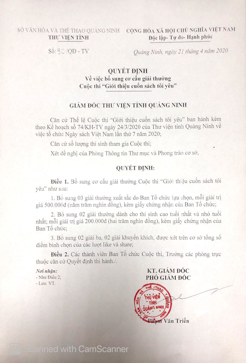 Thông báo Quyết định về việc bổ sung cơ cấu giải thưởng Cuộc thi 