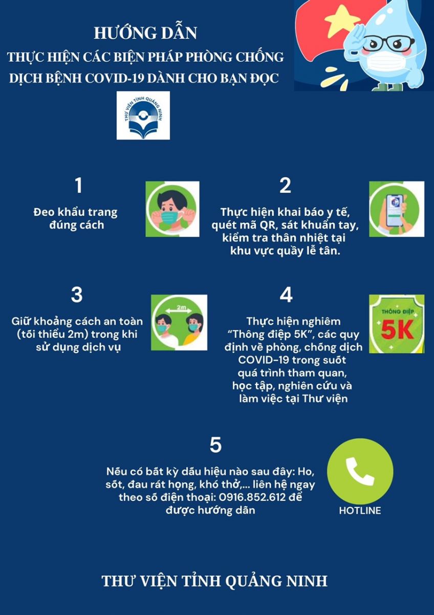 HƯỚNG DẪN THỰC HIỆN CÁC BIỆN PHÁP PHÒNG CHỐNG DỊCH BỆNH COVID-19 DÀNH CHO BẠN ĐỌC TẠI THƯ VIỆN TỈNH