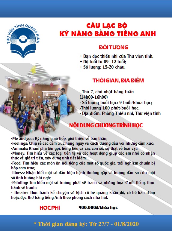 Thư viện tỉnh Quảng Ninh thông báo tuyển sinh Câu lạc bộ Robot và Câu lạc bộ Kỹ năng bằng tiếng Anh.