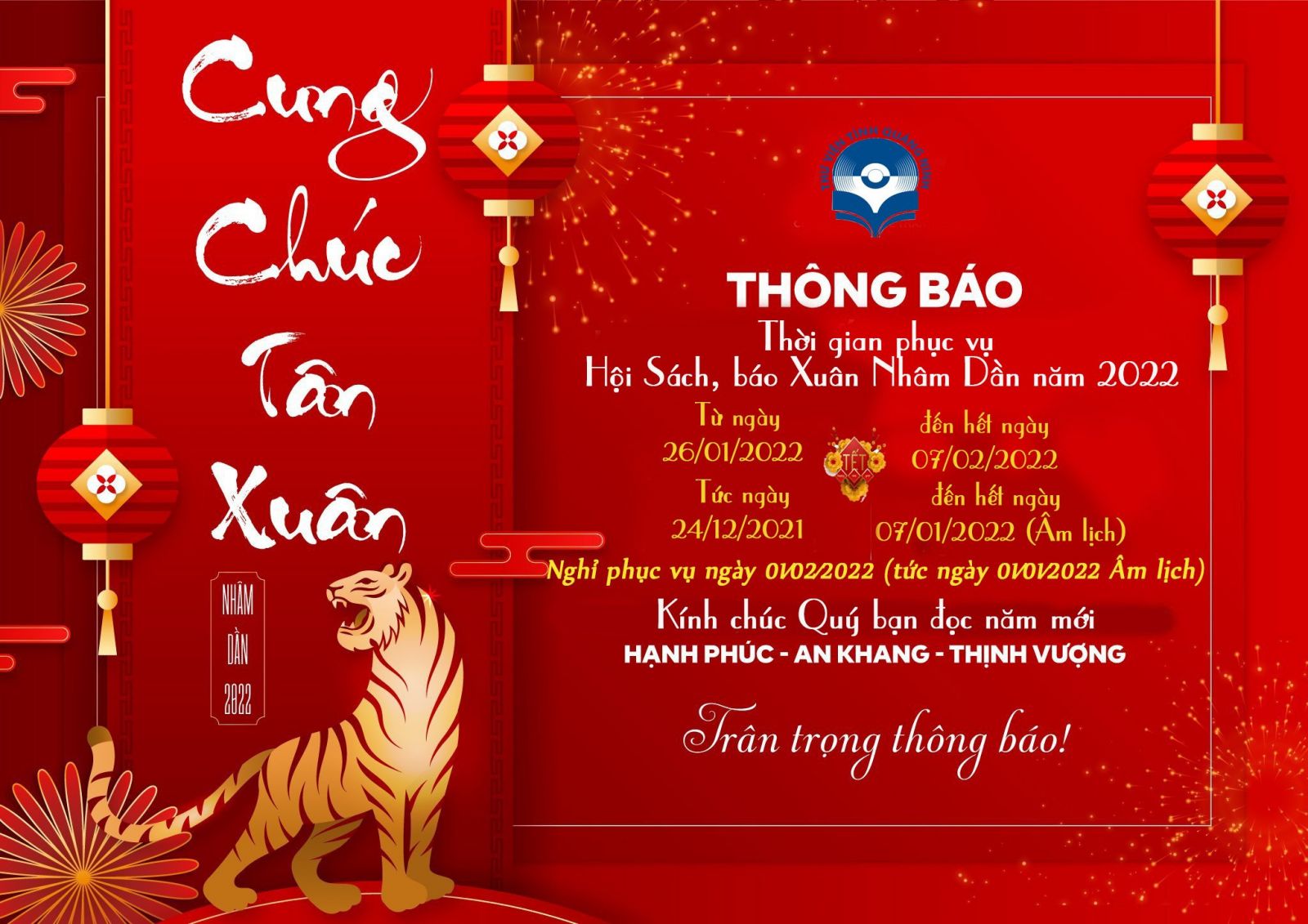 Thông báo: Thời gian phục vụ Hội Sách, báo Xuân Nhâm Dần 2022